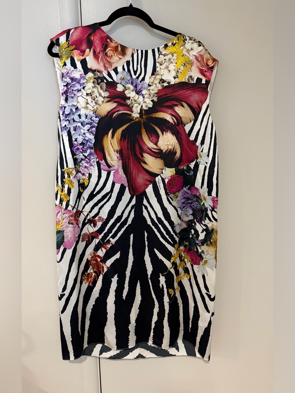 Roberto Cavalli Black-and-White Zebra Floral Shift Dress